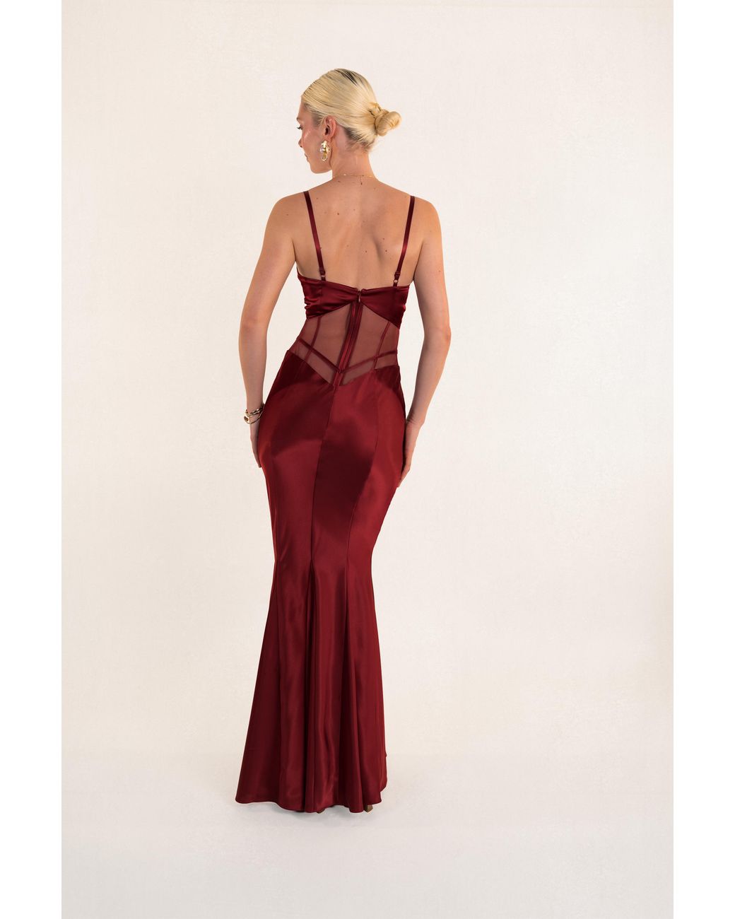 Clerestory Red Amarante Satin Bias Mesh-Waist Maxi Dress