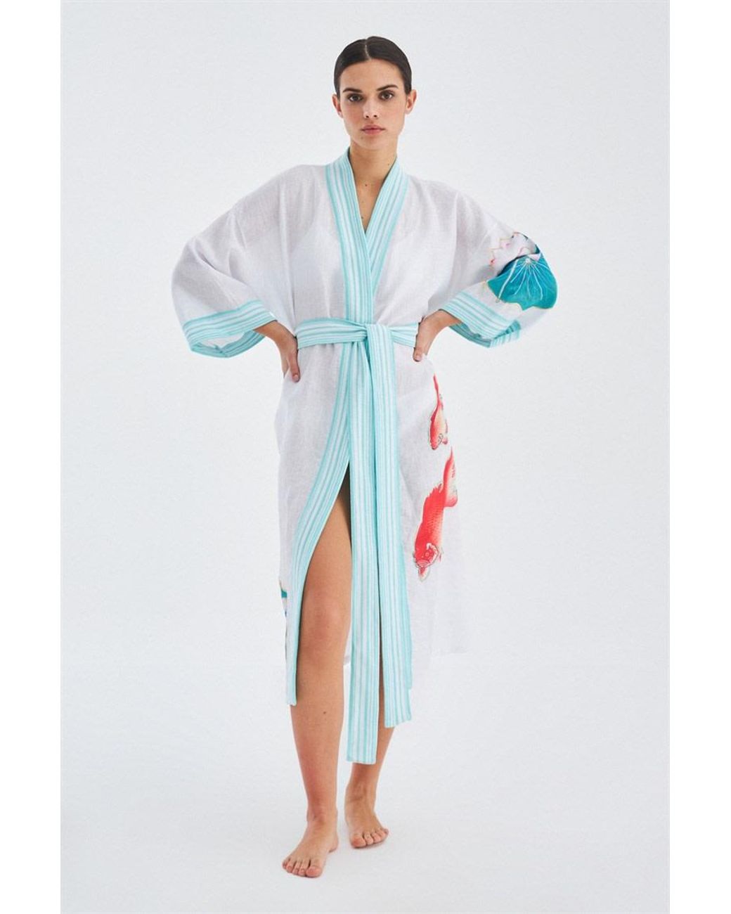 Peraluna Blue Lotus Flower And Fish Applique Linen Kimono