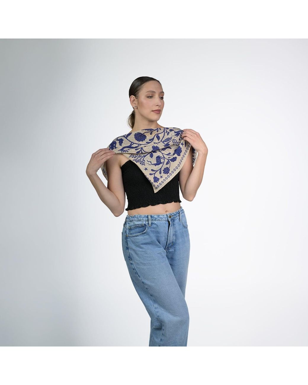 Silk&Soul Blue Neutrals Folk Motif Silk Scarf