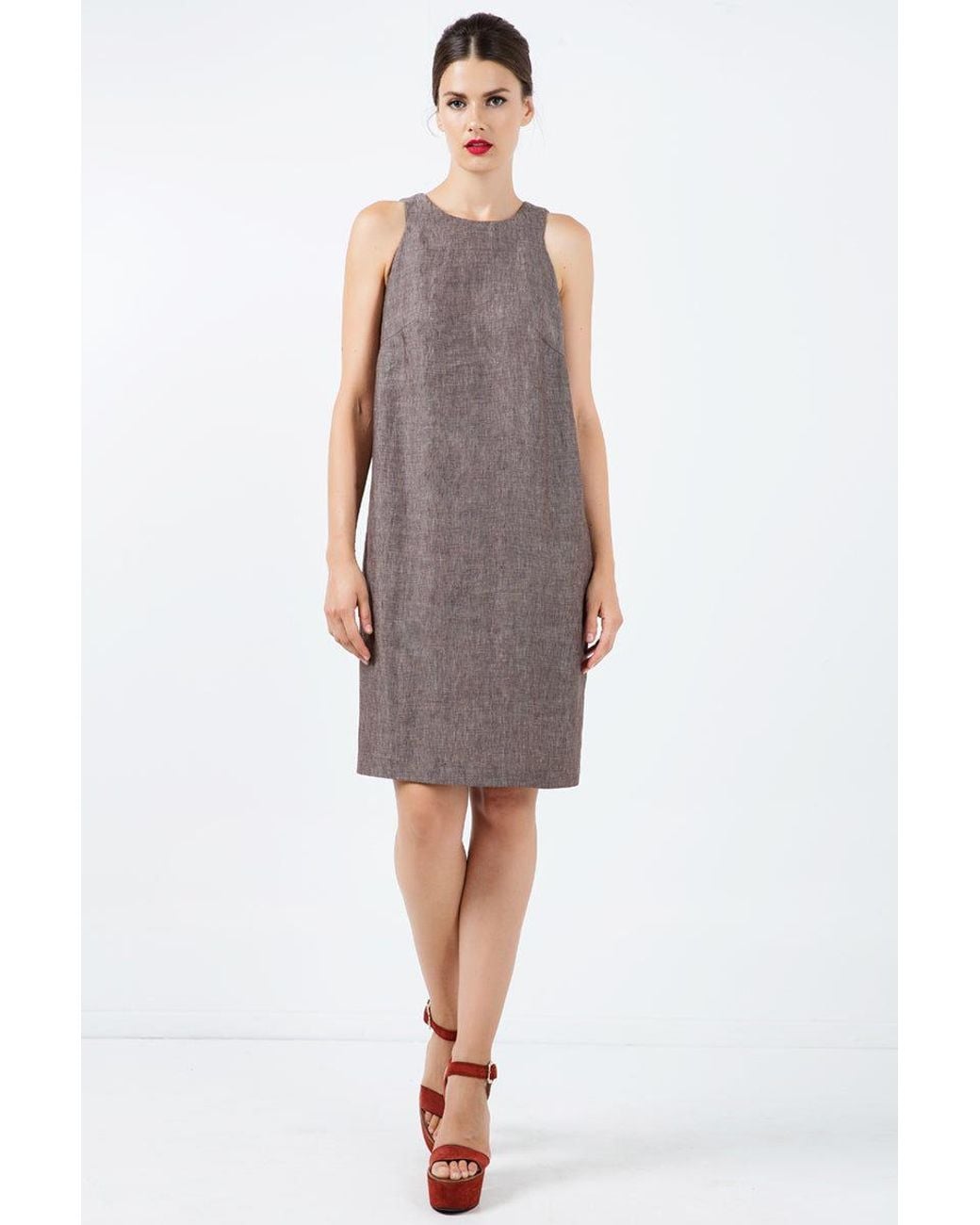 Conquista Brown Sleeveless Linen Sack Dress
