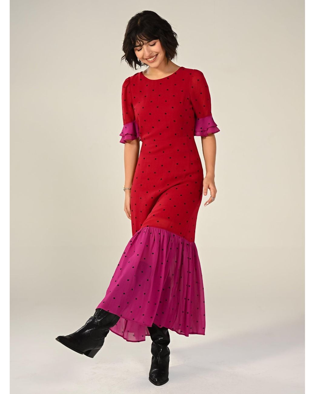 Rose & Nancy Red Saphi And Polka Dot Maxi Dress