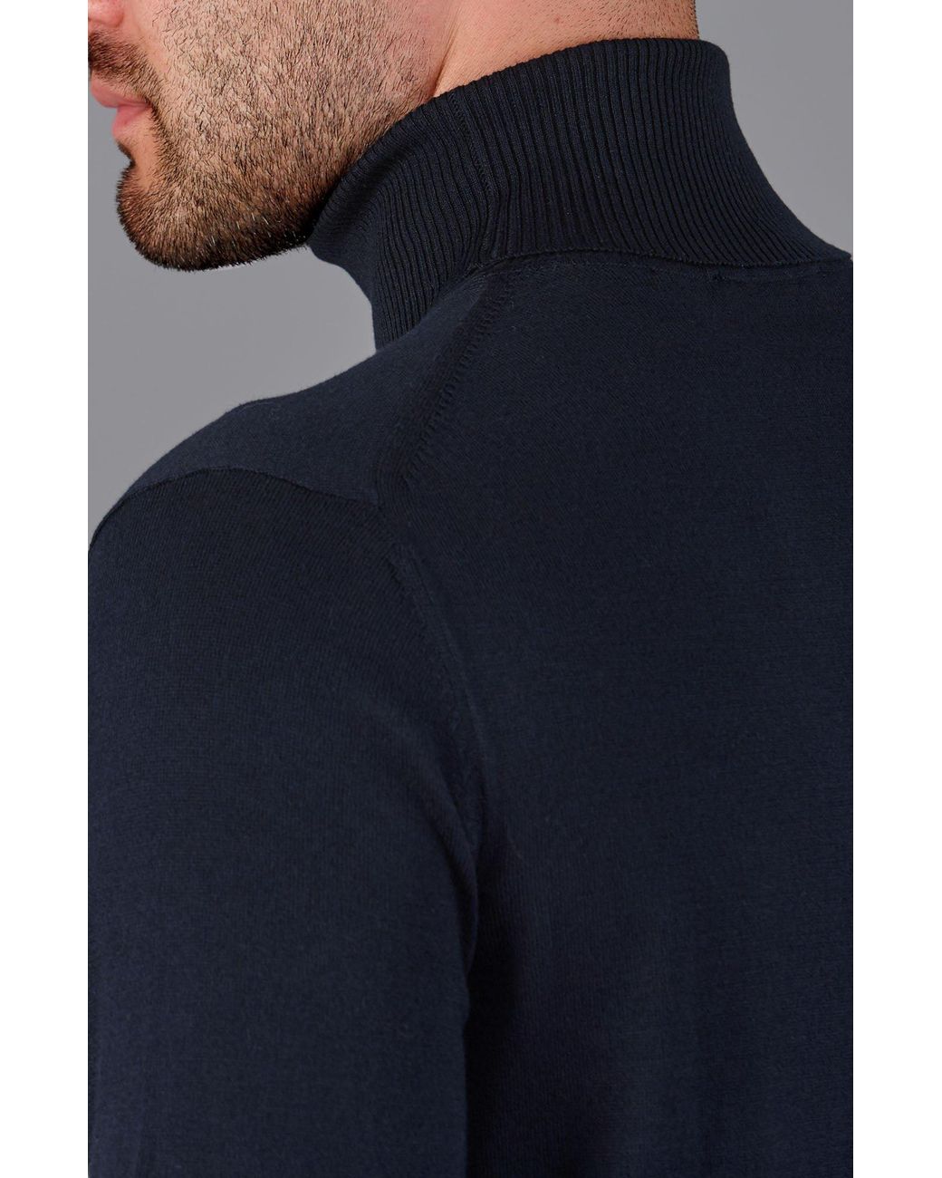 Paul James Knitwear Blue Ultra Fine Cotton Atwod Roll Neck Jumper for men