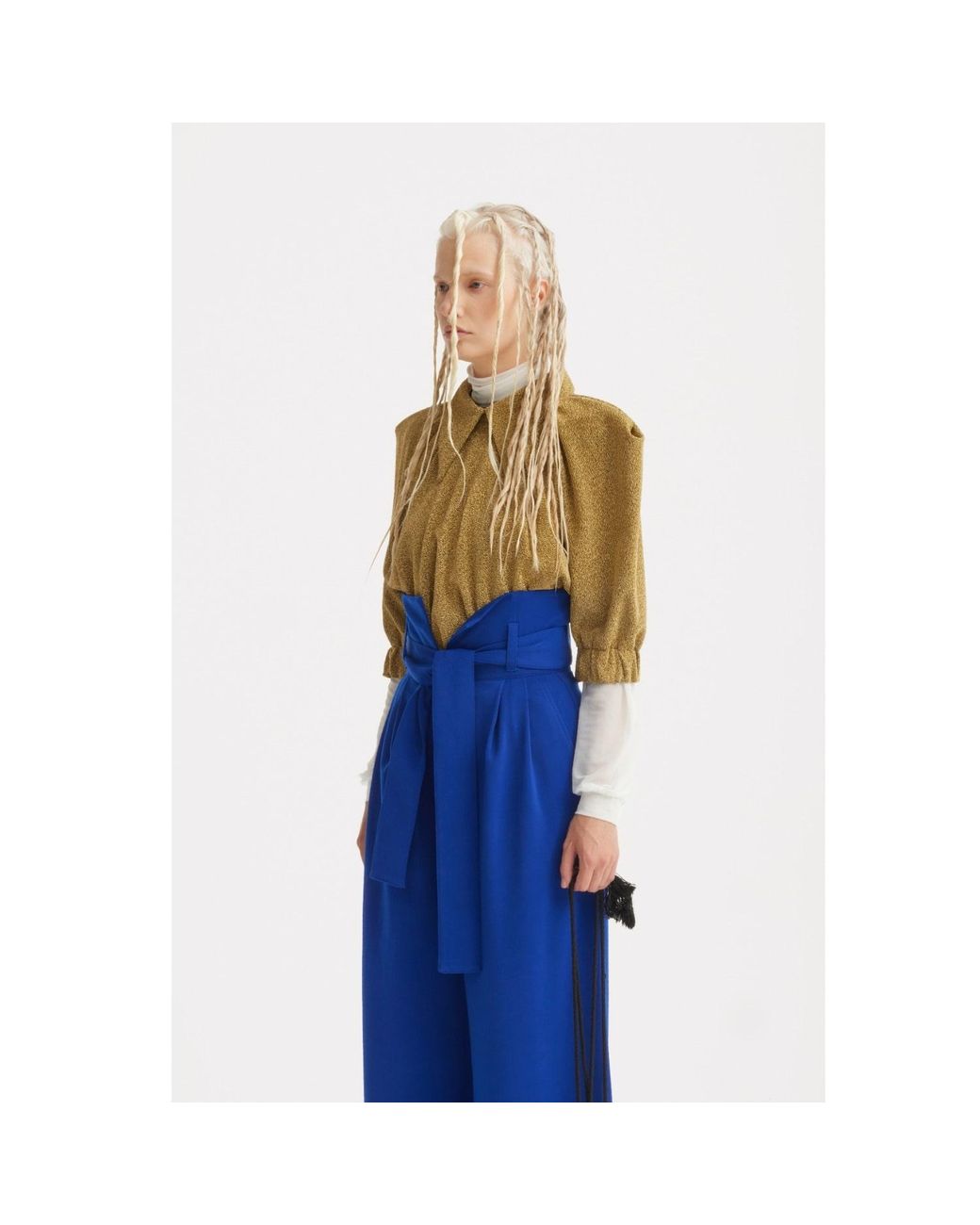 Julia Allert Green Evening Metallic Knit Puff Sleeve Blouse