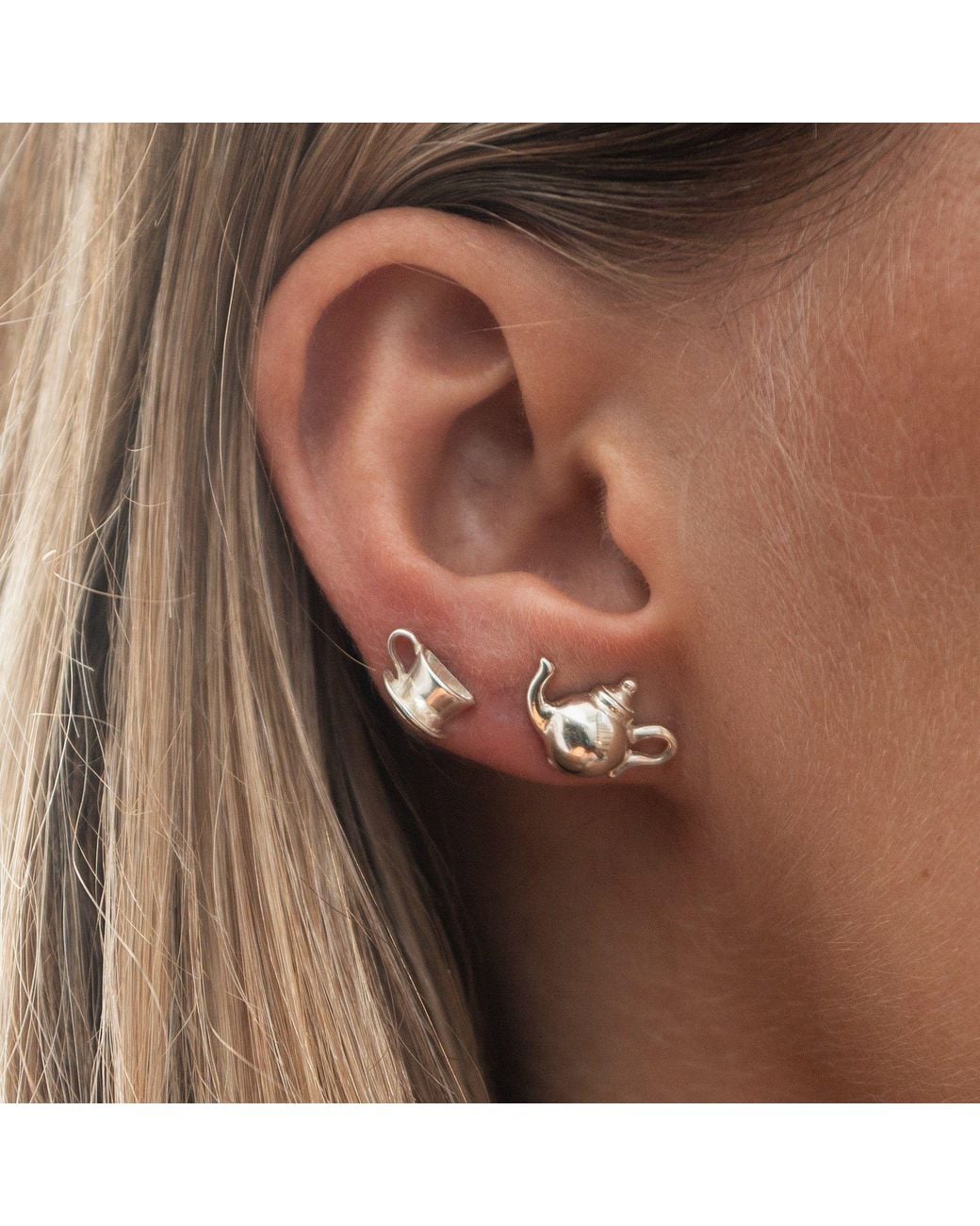 Lily Charmed Metallic Sterling Teapot & Teacup Stud Earrings