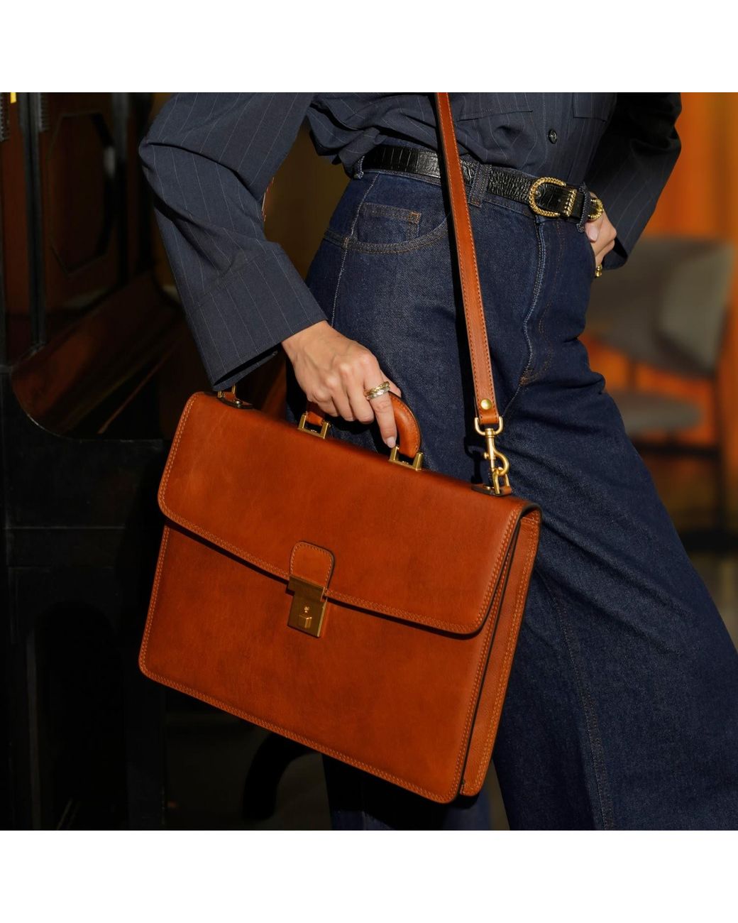 Time Resistance Brown Leather Briefcase