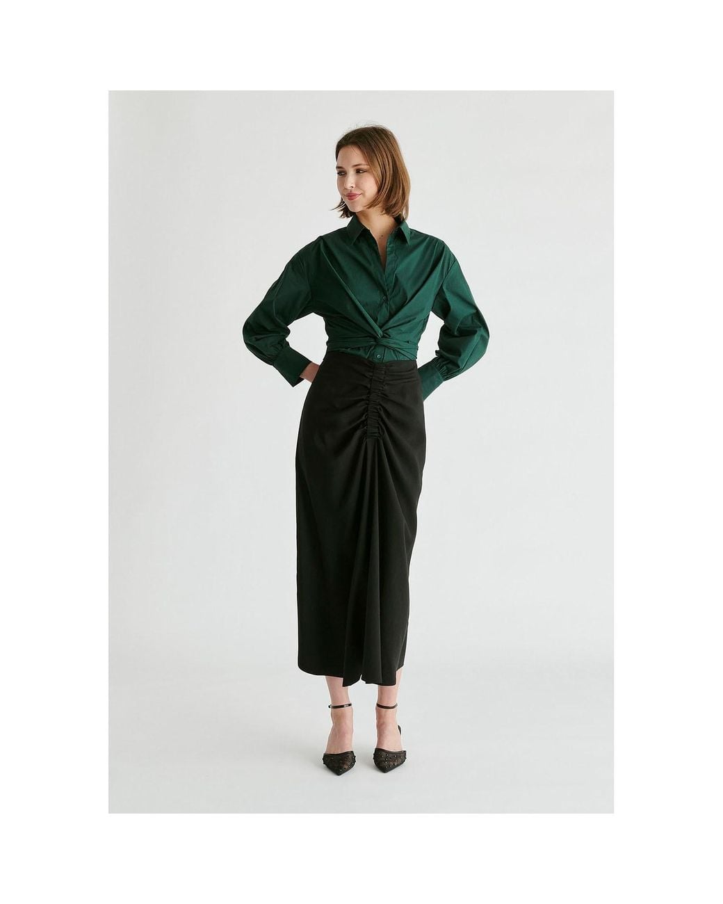 Paisie Black Ruched Front Midi Skirt