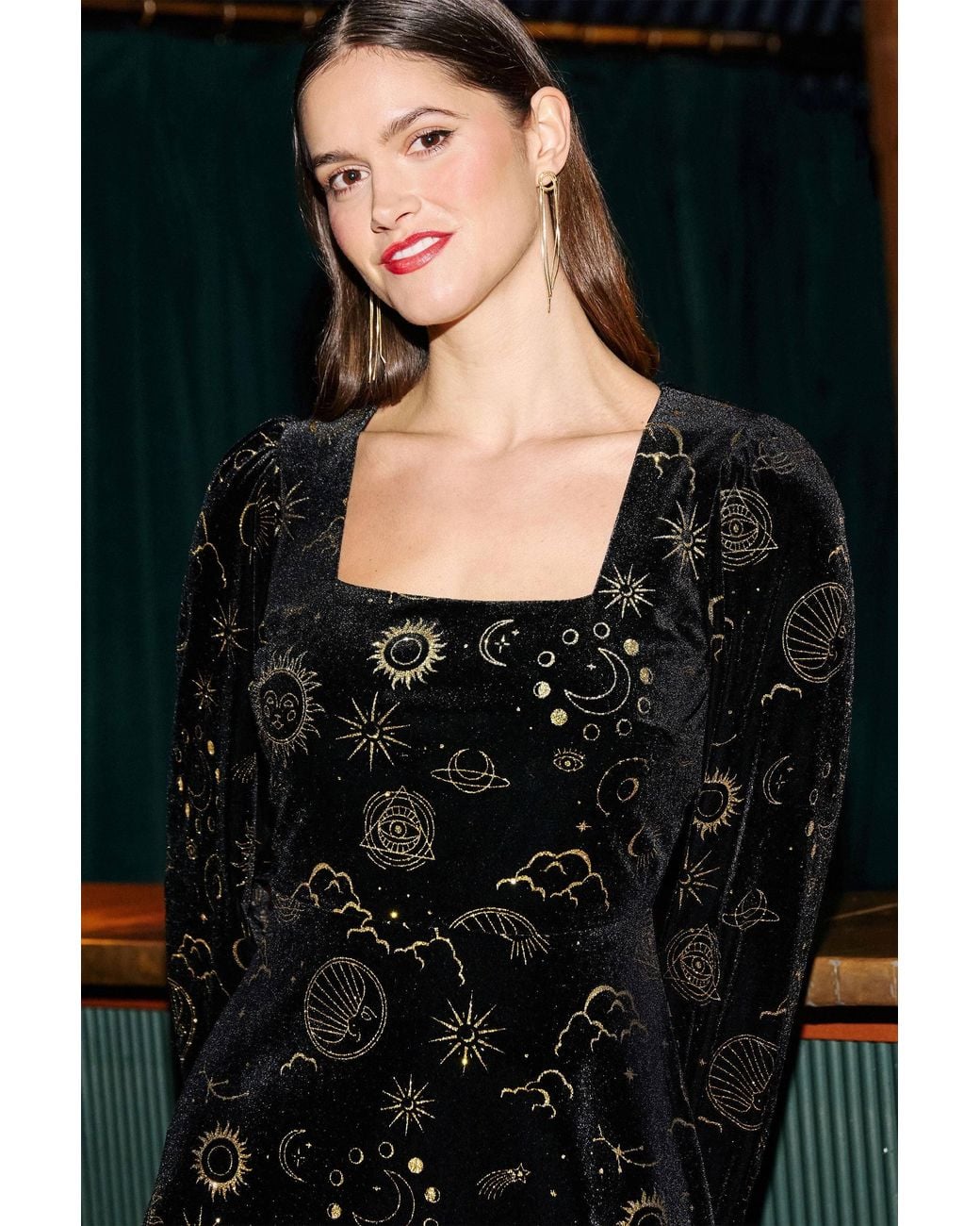 Yumi' Black Cosmic Foil Print Midi Dress