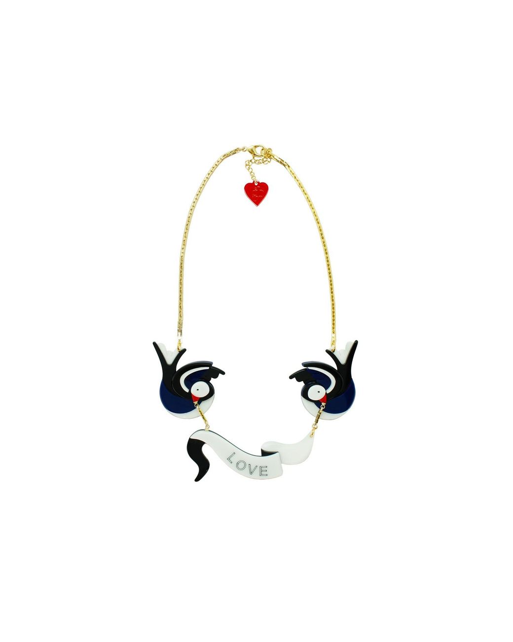 Gissa Bicalho Black Handmade Acrylic Necklacce Swallows And Ribbon
