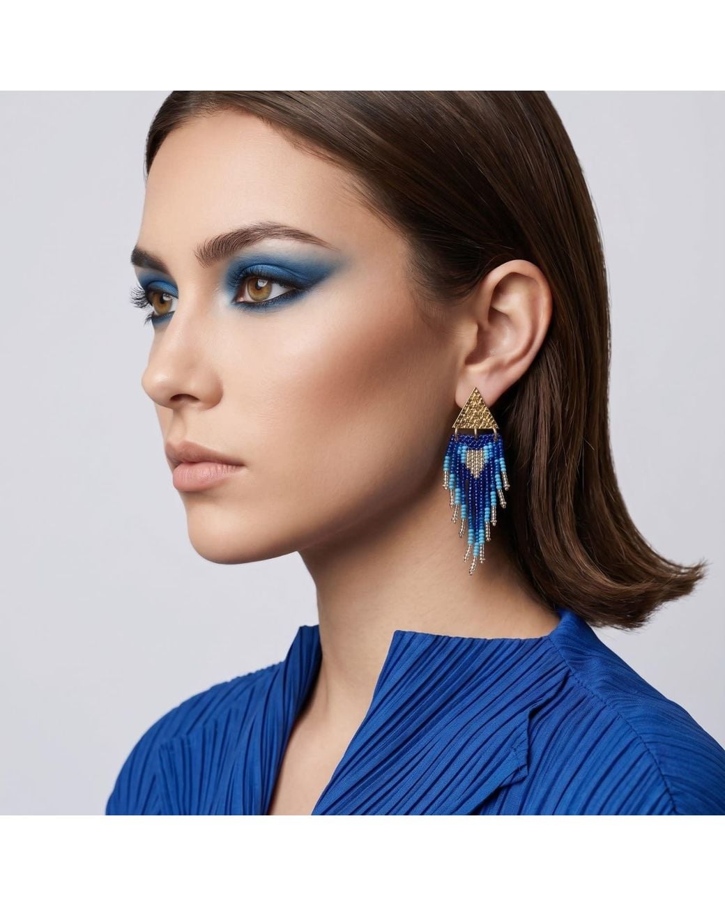 Iliana Arrazola Blue Triangle Fringe Dangle Earrings, Glass Beads, Beaded Jewelry