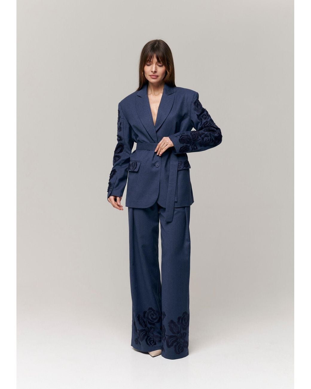 Annabo Blue Velvet Rose Embroidered Wool Wide-Leg Pants – Steel
