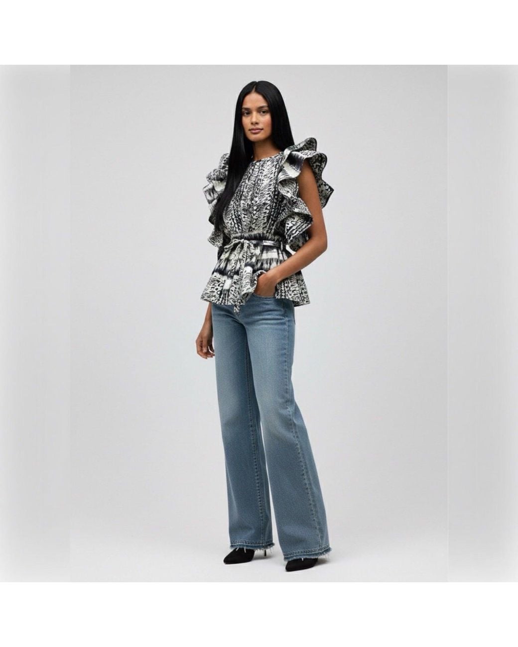 Imaatu Black Butterfly Sculptural Ruffle Sleeve Peplum Blouse