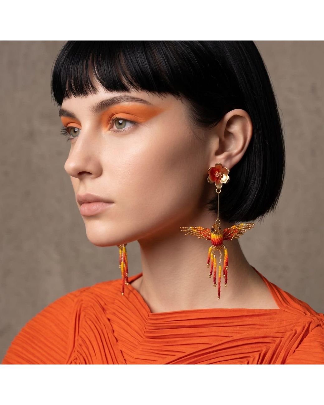 Iliana Arrazola Orange Hummingbird Dangle Earring, And, Glass Beads, Beaded Jewelry