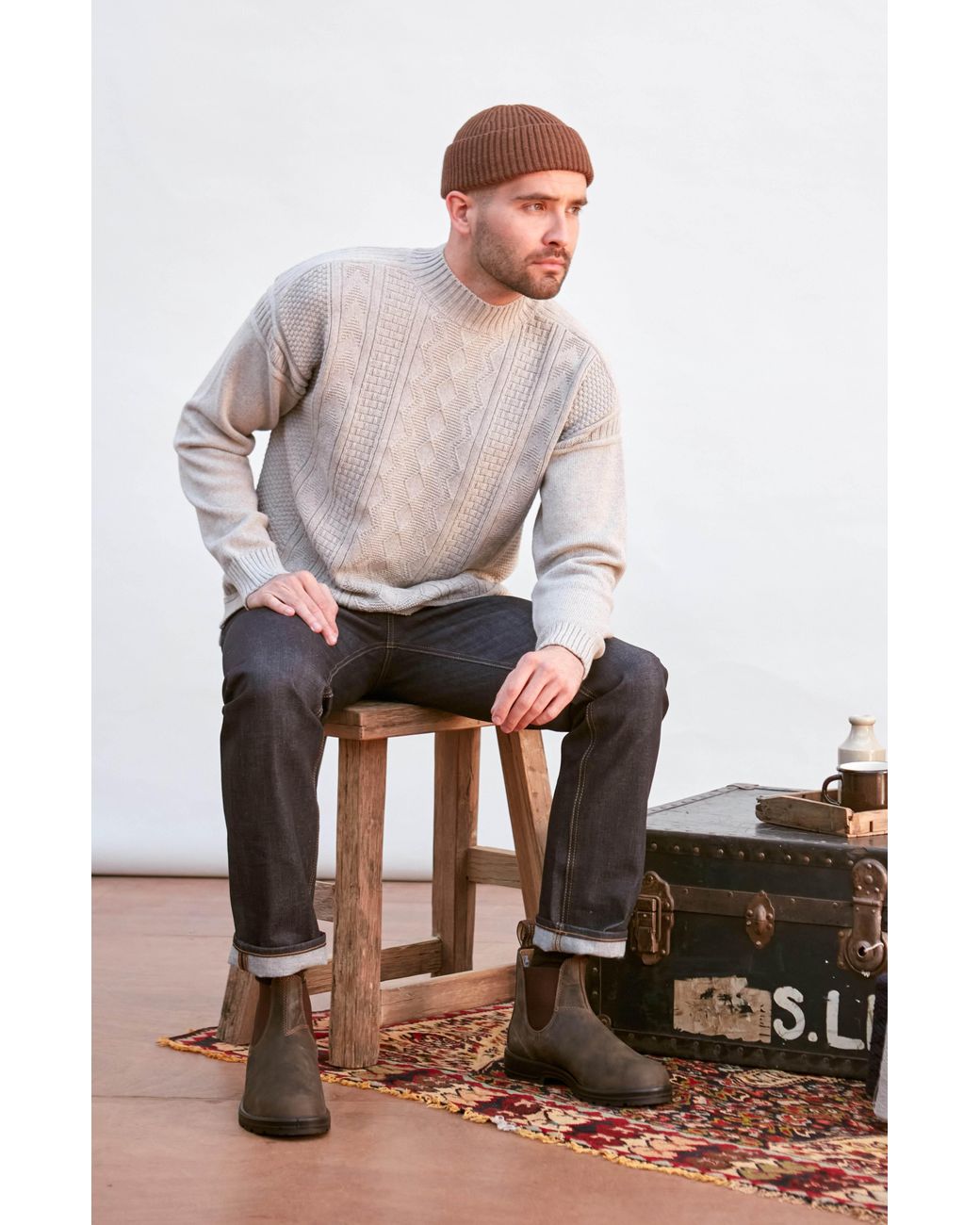Paul James Knitwear Gray Midweight Cotton Cromer Mock Neck Gansey Jumper for men