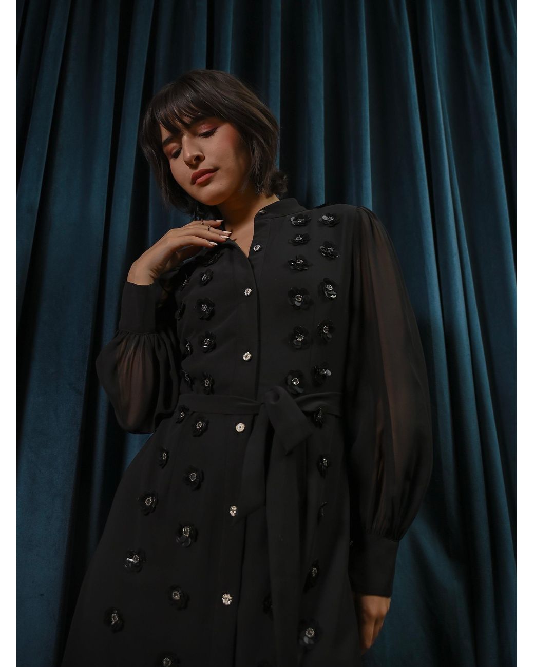 Rose & Nancy Morena Hand Embellished Midi Shirt Dress in Black | Lyst