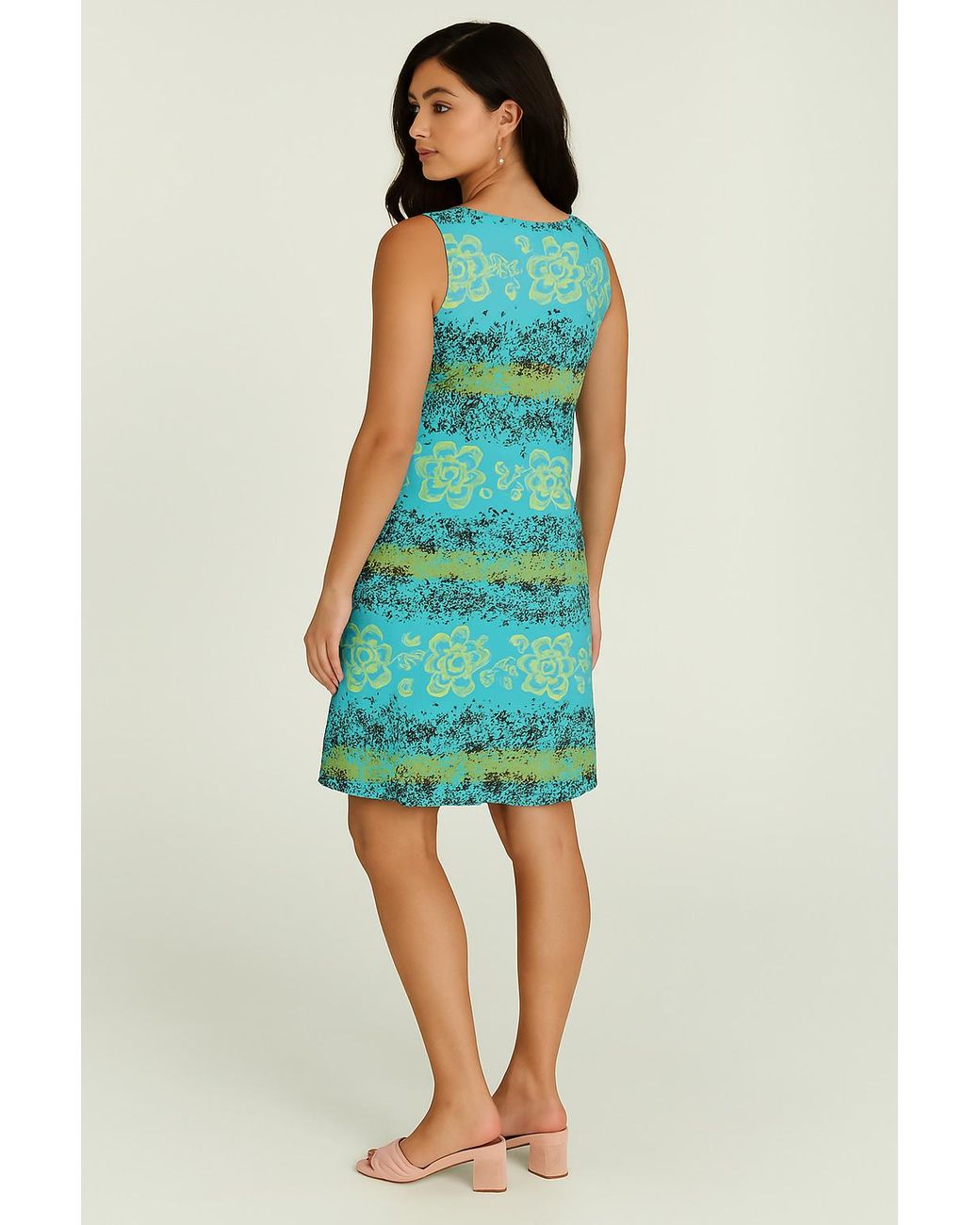 Conquista Blue Sleeveless Summer Dress – Floral Print, Sheer Nylon Overlay, Fully Lined