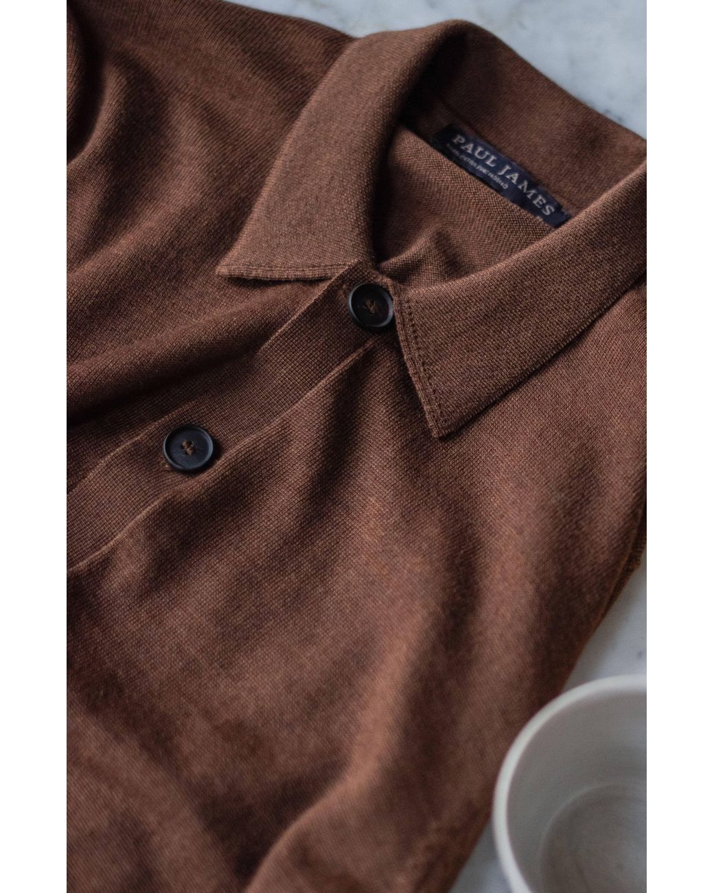 Paul James Knitwear Brown Extra Fine Merino Wool Cassiuss Polo Cardigan for men