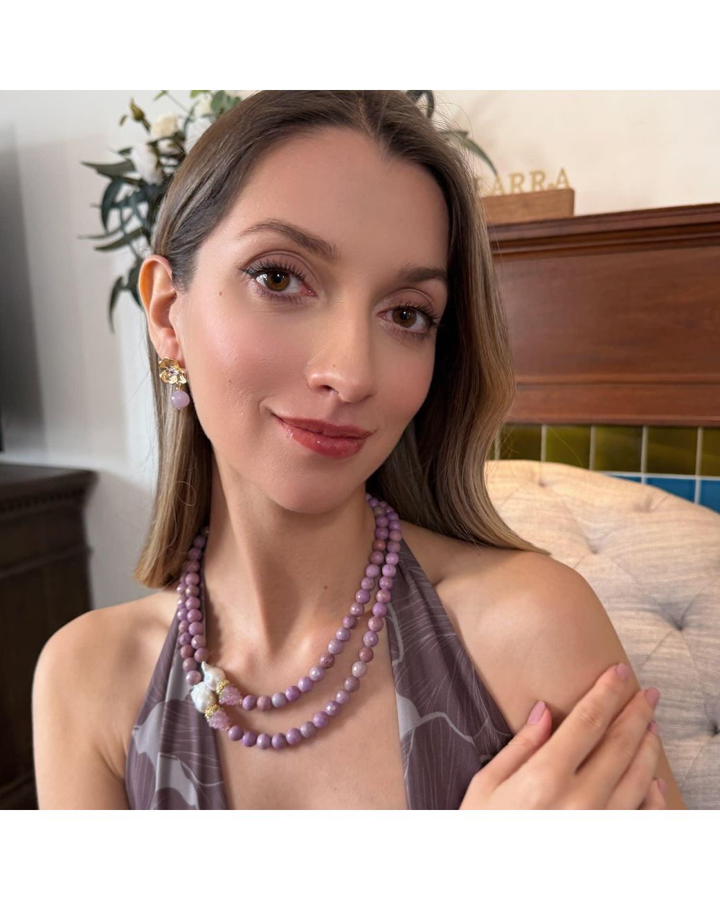 Farra Metallic Amethyst Dangle With Flower Stud Earrings