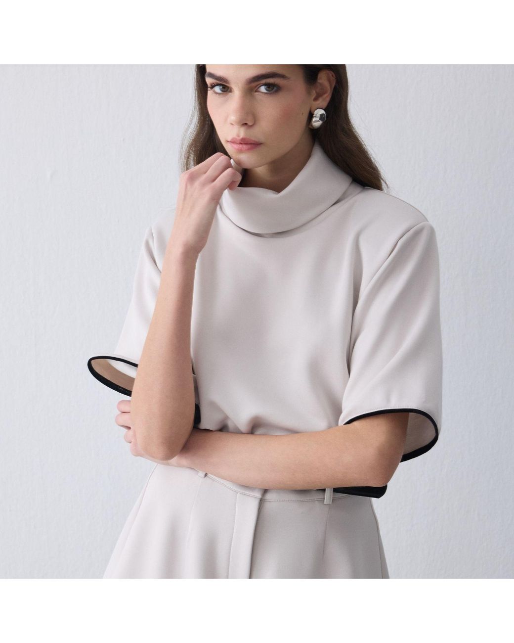 Thisisu Collection White Neutrals Mira Padded-Shoulder High-Neck Top