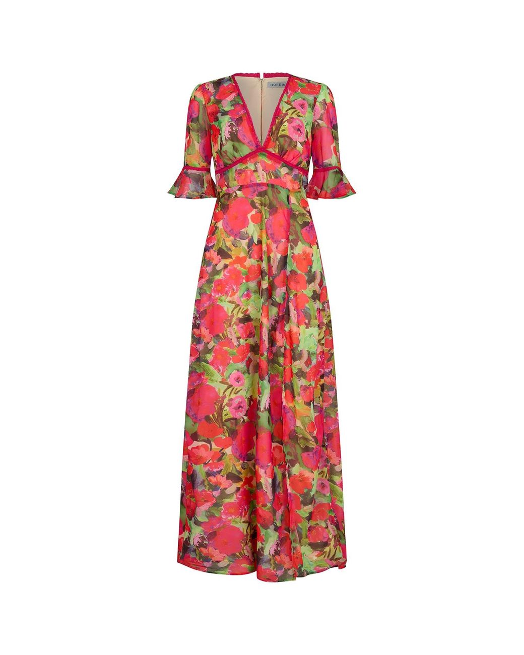 Hope Ivy The Isla Frill Sleeve Thigh Split Open Back Maxi Dress With Lace Trim in Red Lyst UK