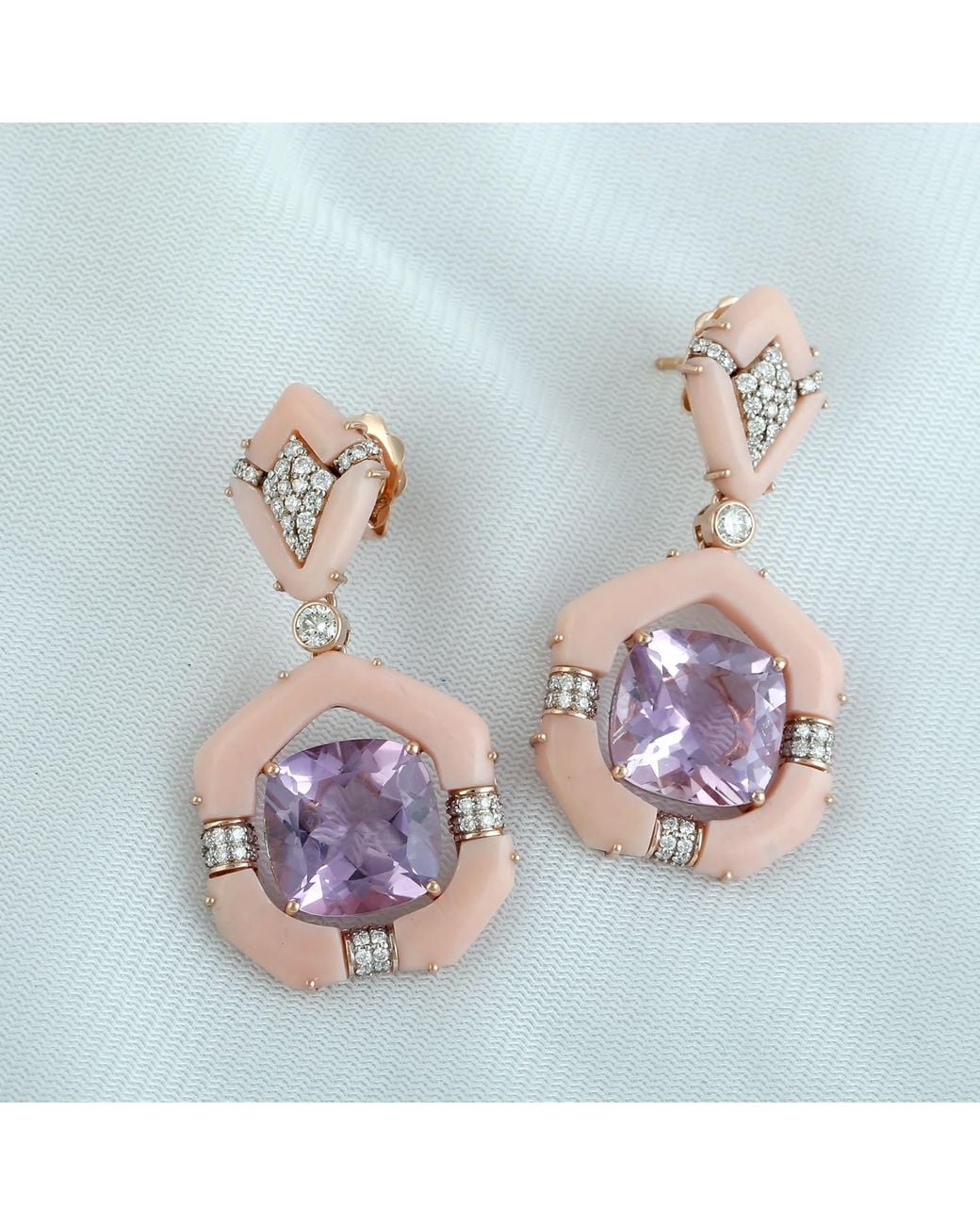 Artisan Pink Amethyst, Opal & Diamond Drop Earrings
