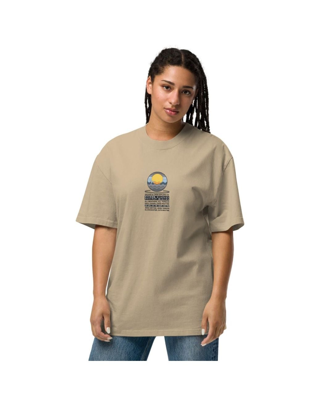 Anchor and Crew Natural Faded Khaki Ocean Drift Surf Explore Co. Oversized Cotton T-Shirt
