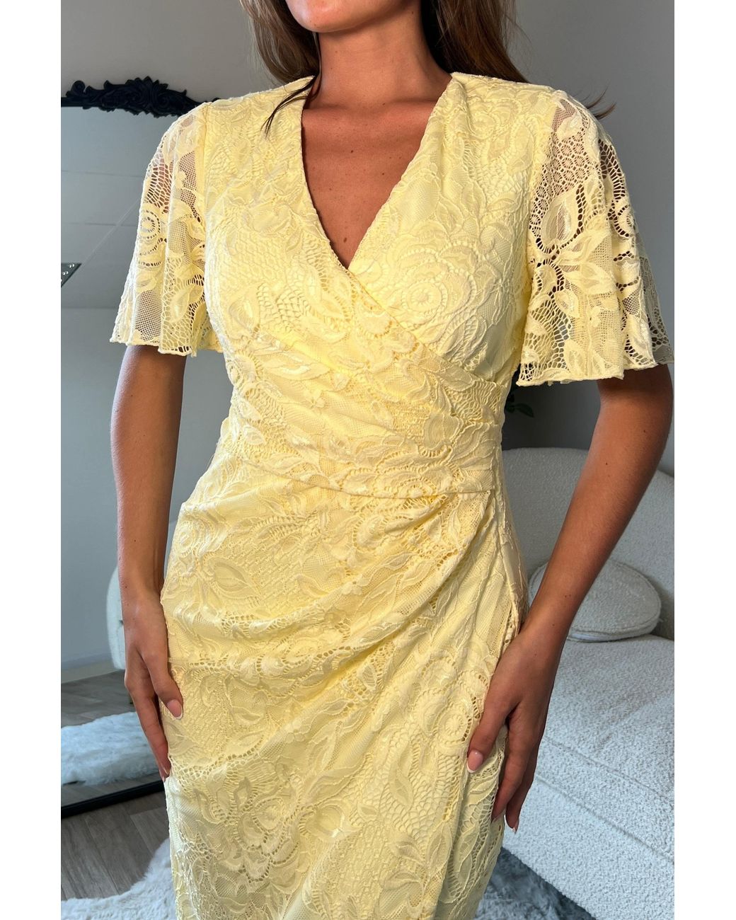 Girl In Mind Yellow Natasha Angel Sleeve Wrap Midi Dress