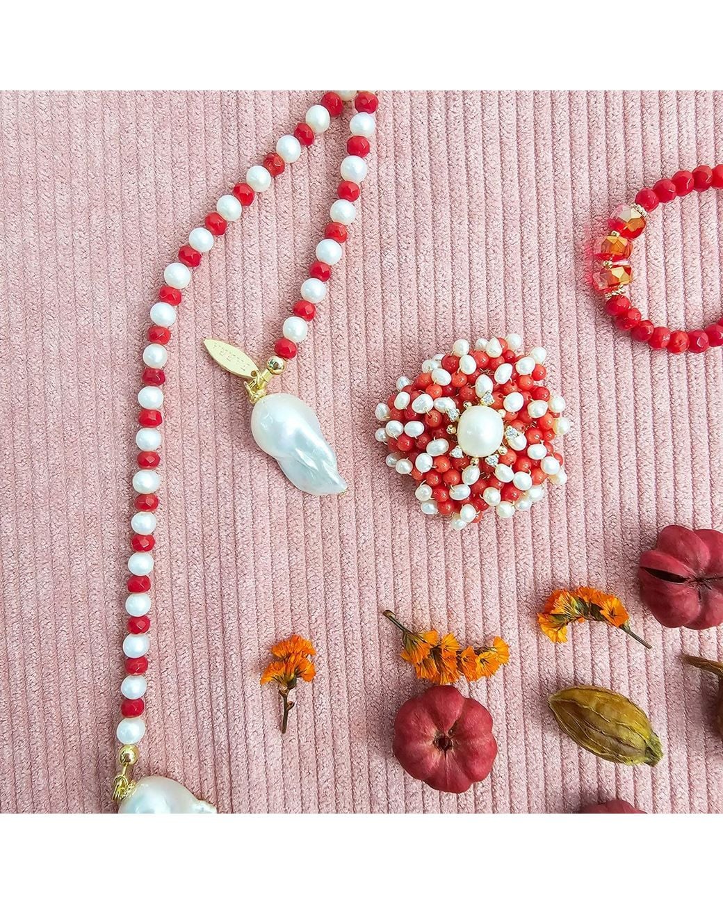 Farra Red Flower Handcrafted Bamboo Coral And Freshwater Pearl Brooch