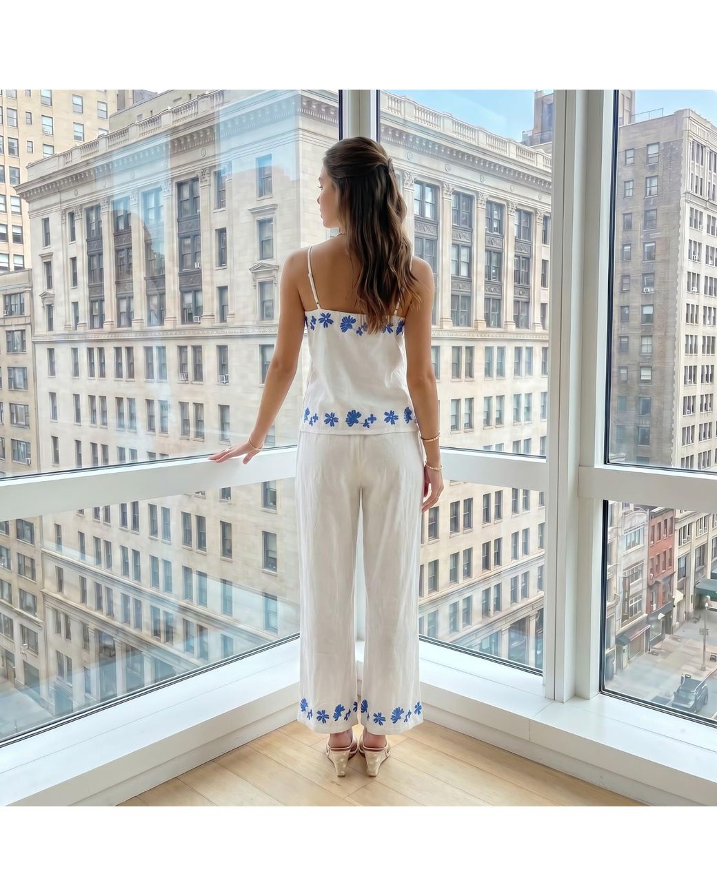 Modenaire White Floral Embroidered Two-Piece Set With Camisole And Wide-Leg Pants