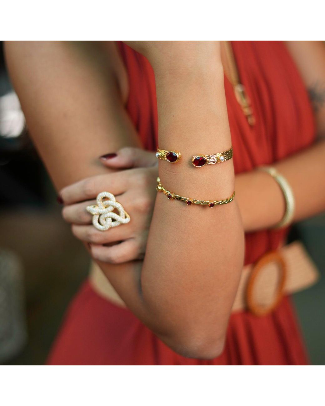 Ebru Jewelry Metallic Ruby-Studded Twisted Gold Cuff Bracelet