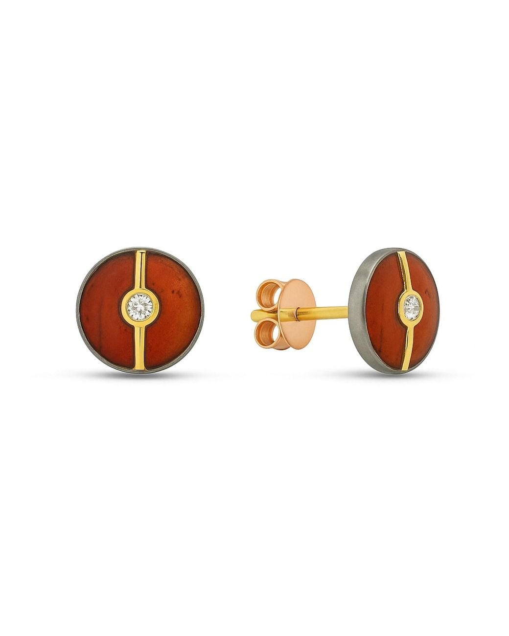 Ecce | Artisan Diamonds Brown Enamelled Mini Multi Diamond Buttons 14K Earring