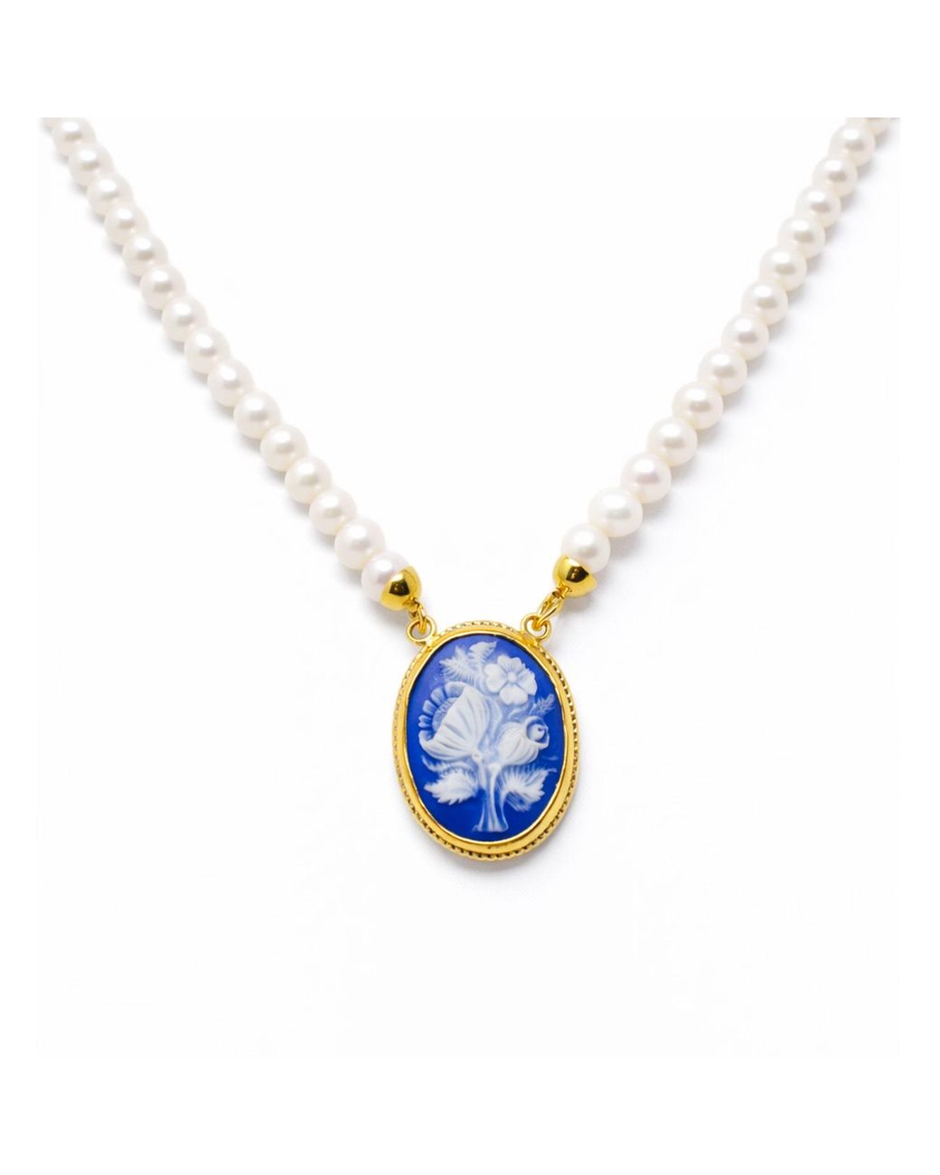 Vintouch Italy Blue Wildflower Cameo Necklace With Pearls