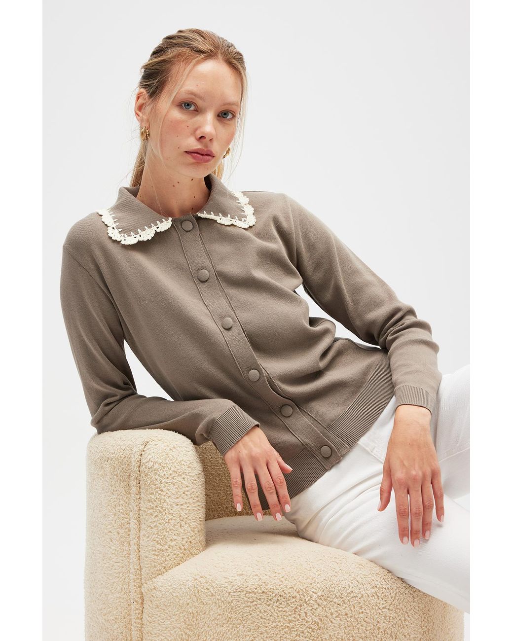Peraluna Natural Laila Flat Knit Polo-Neck Cardigan