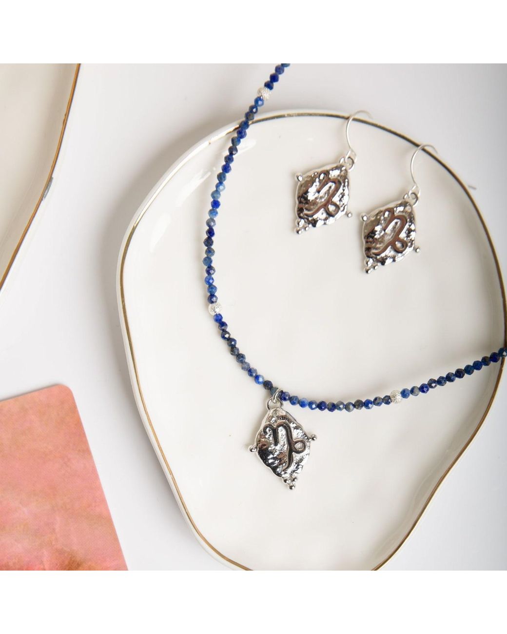 Seven Saints Metallic Capricorn Gemstone Choker Necklace, Lapis Lazuli, Plated