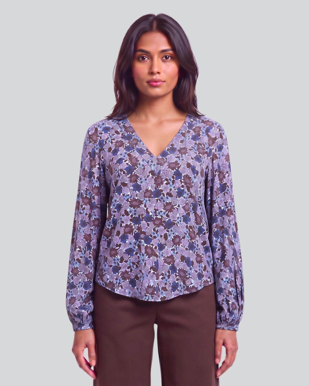 Lords of Harlech Blue Val Ternberg Floral Brownie Lyocell Stretch V-Neck Top