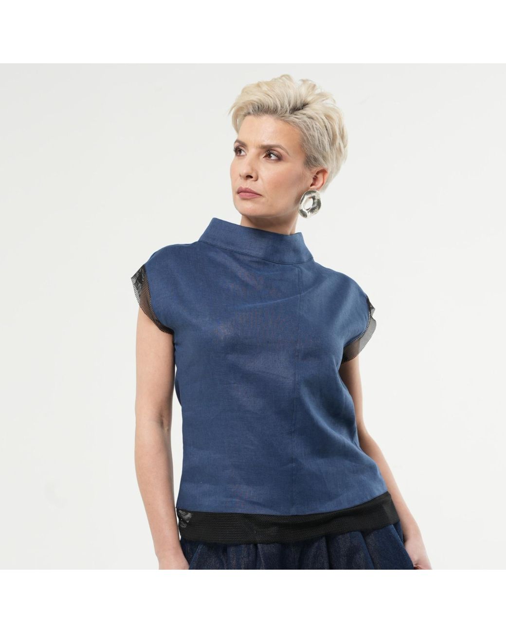 Metamorph Blue Turtleneck Linen Top