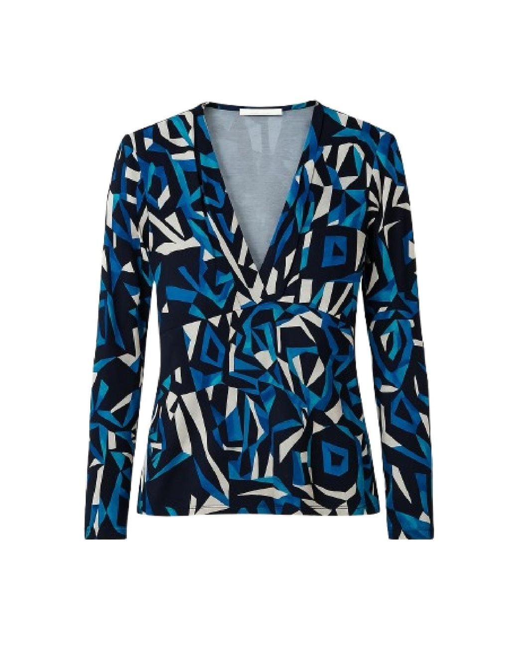 Conquista Blue Geometric Print V-Neck Long-Sleeve Top