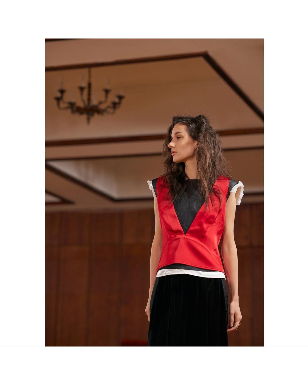 Julia Allert Red Satin Blouse With Mesh And Shoulder Pads