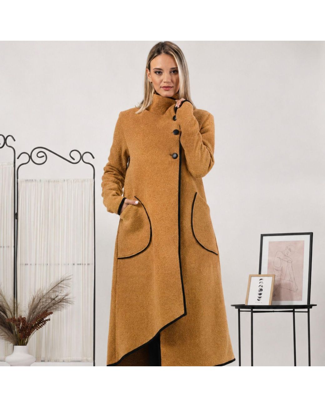 Nikka Place Brown Boiled Wool High Neck Cardigan With Pockets