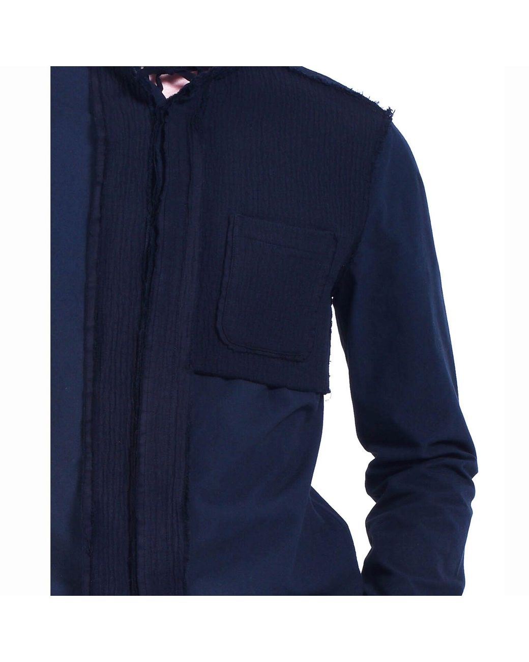 Smart and Joy Blue Bi-Material Shirt With Tied Stand-Up Collar for men