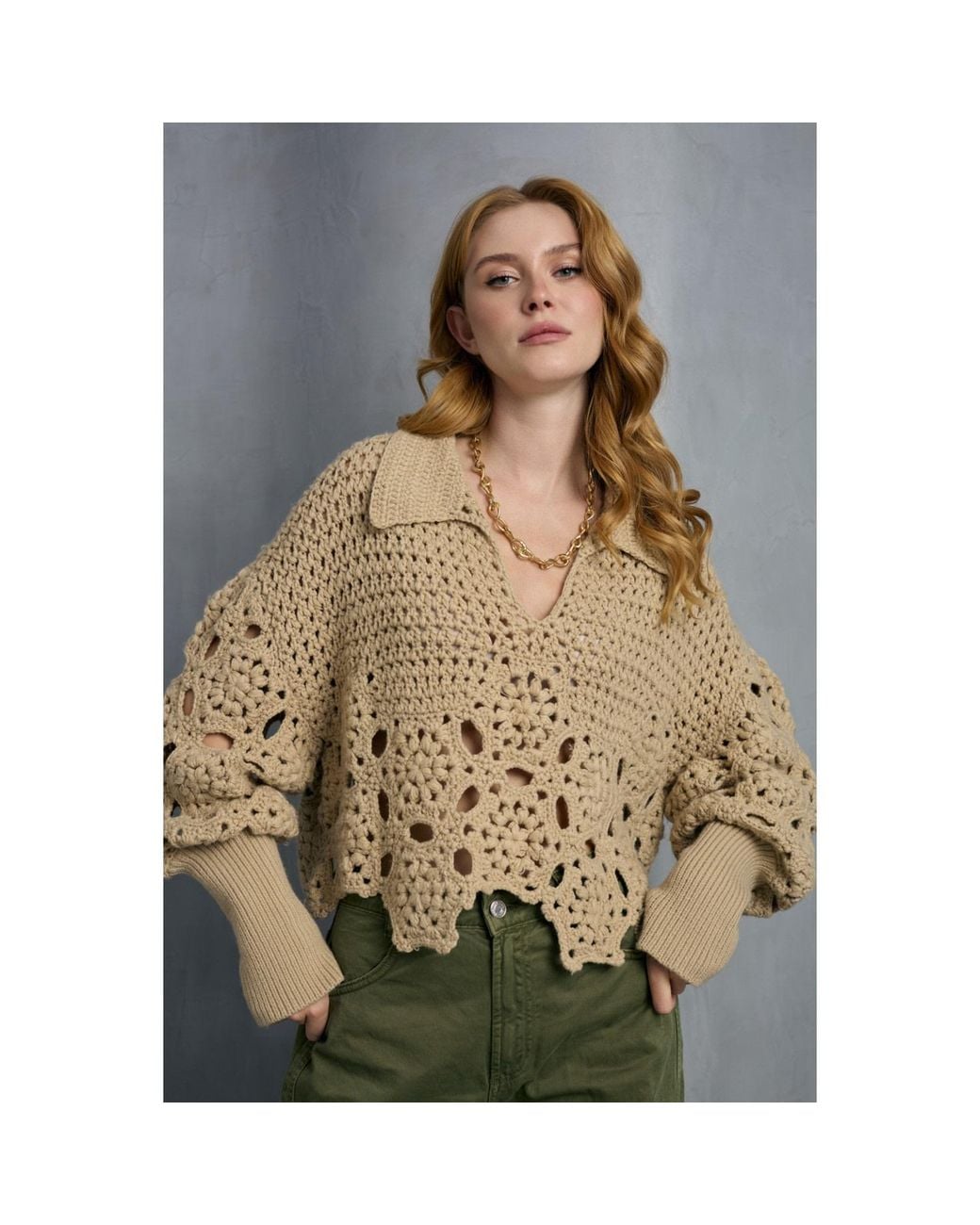 Saachi Natural Floral Crochet Pullover Sweater