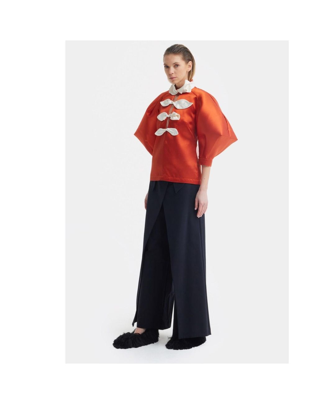 Julia Allert Orange Taffeta Deep V-Neck Blouse With Satin Floral Detail – Terracotta