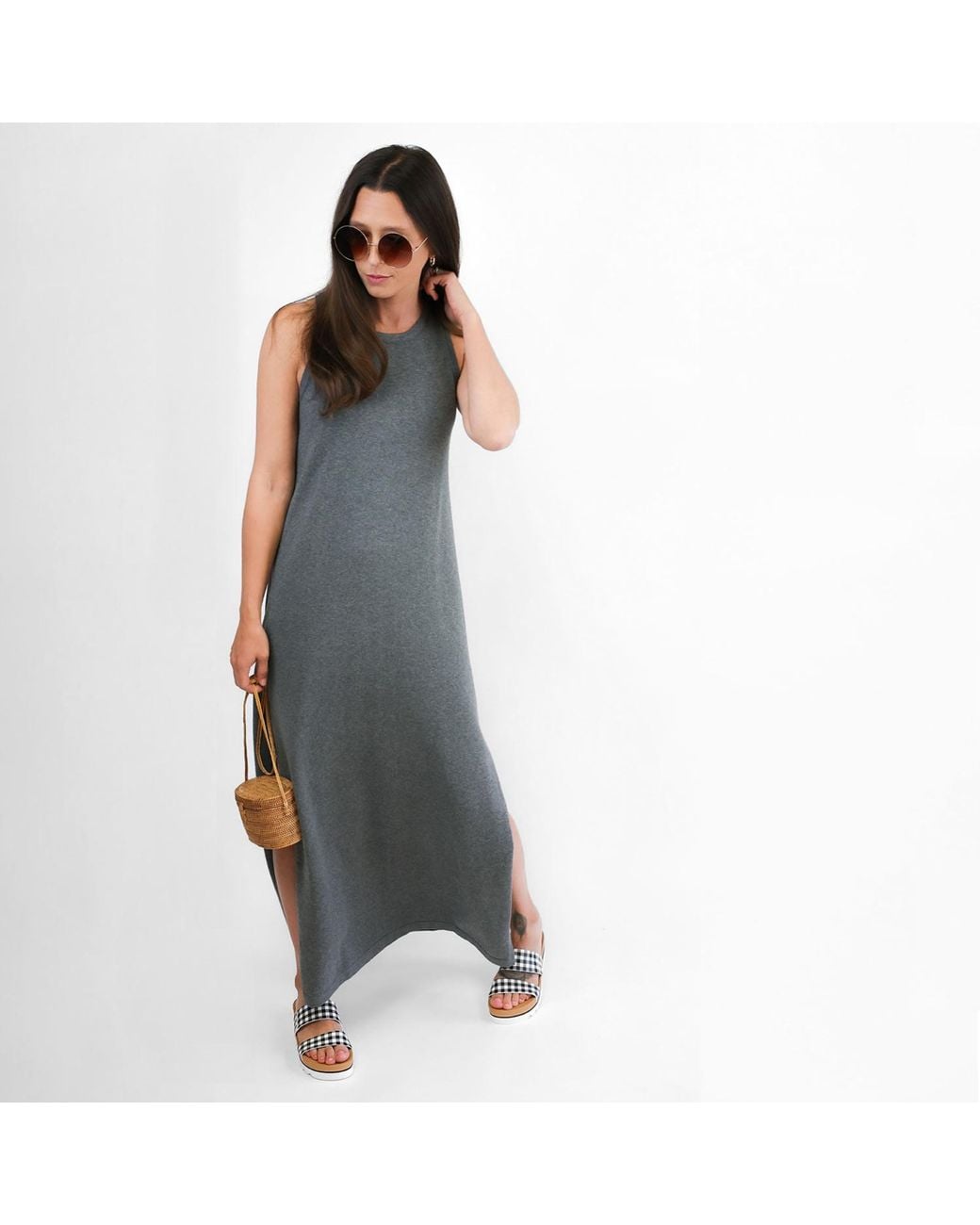 Zenzee Gray Cotton Cashmere Maxi Dress With Side Slits