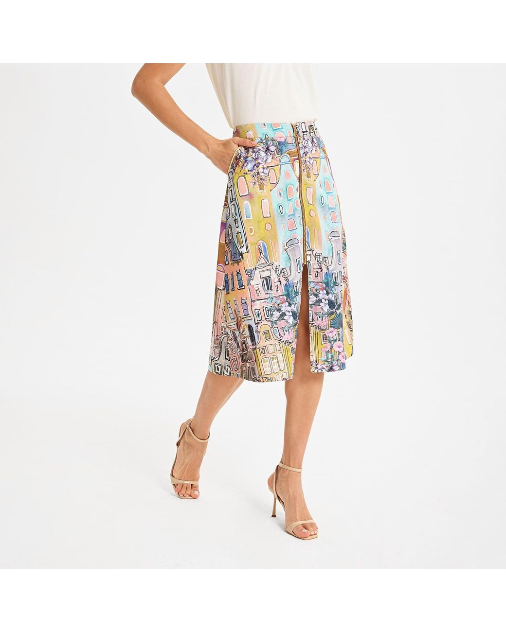 Lalipop Design Blue Urban Sketch Print Tiered Midi Skirt