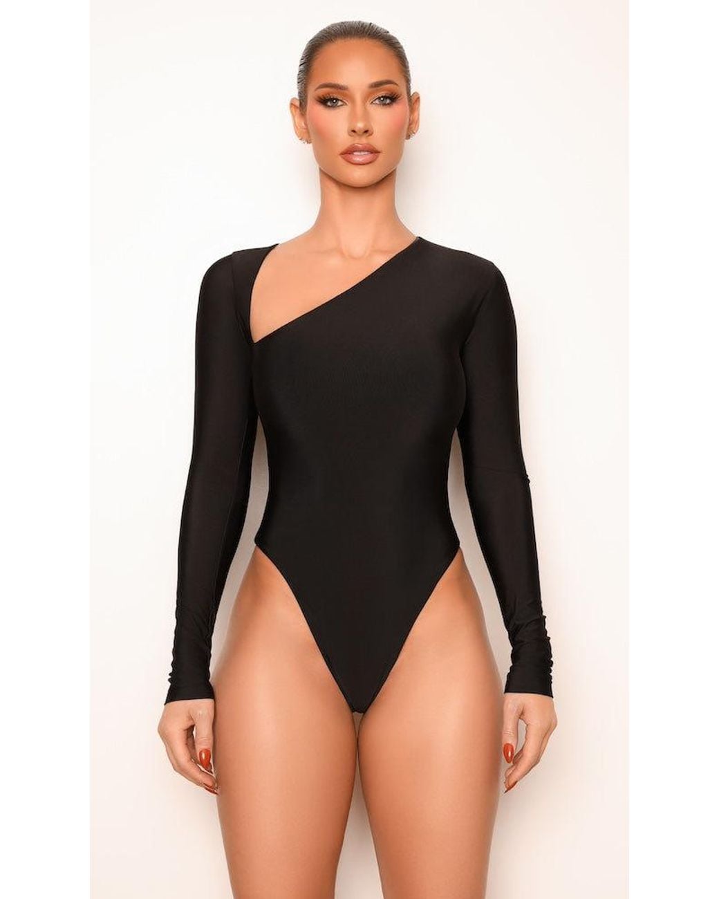 Moda Glam Red Asymmetrical Bodysuit- Burgundy