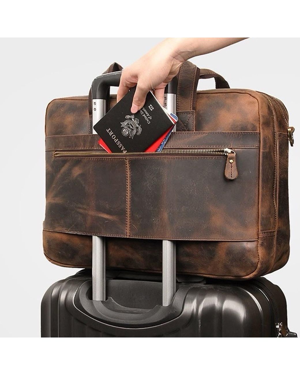 Touri Brown Genuine Leather Briefcase With Front Leather Patch for men