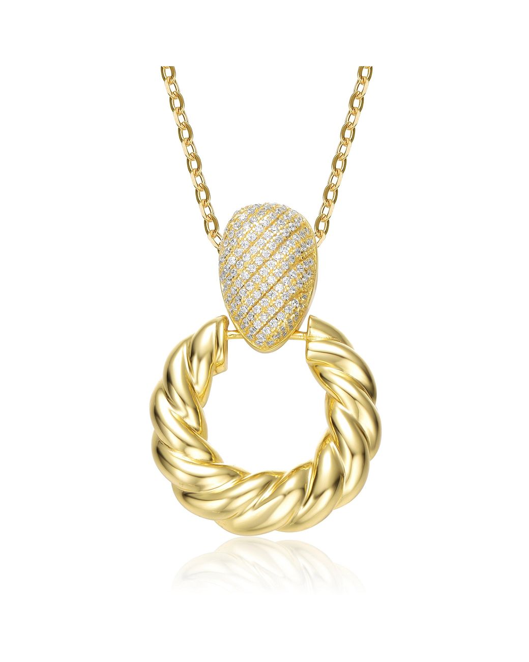 Genevive Jewelry Metallic Rachel Glauber Plated Cubic Zirconia Pave Twisted Rope Drop Hoop Door Knocker Pendant Necklace