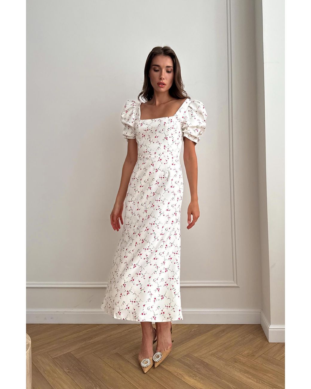 POST MERIDIEM White Raspberries Godet Silhouette Square Neck Midi Dress