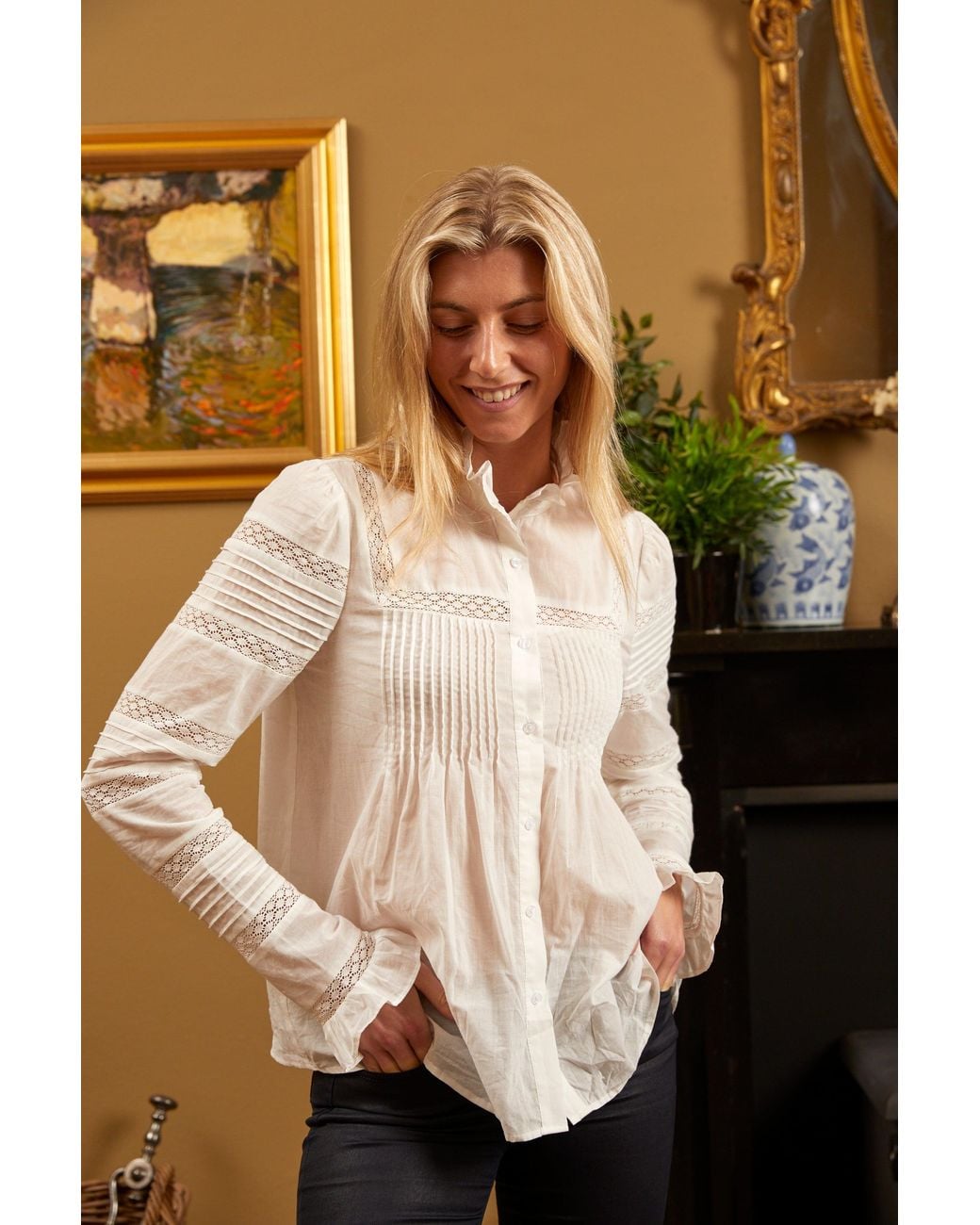 Guinea London Natural Cotton Pintuck & Lace Blouse