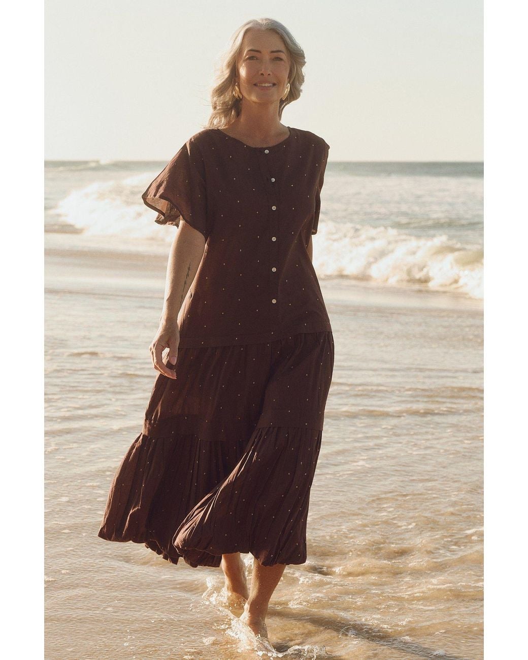 Adrift Clothing Brown Millie Reversible Flutter Sleeve Dress