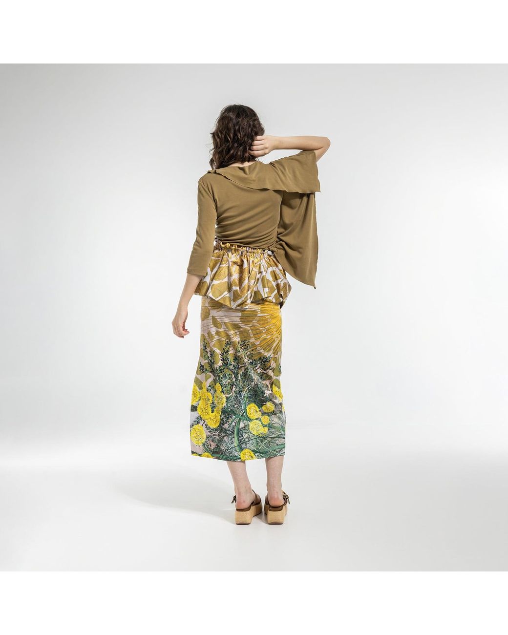 ARTISTA Yellow Fennel Pencil Skirt With Ruffled Belt